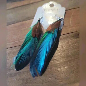 Feather Drop Earrings in Teal & Brown - Lightweight Boho Style